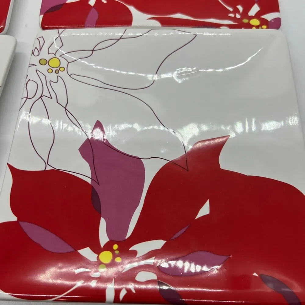 Set of 4 Department 56 Small Holiday plates square pink floral flower white red